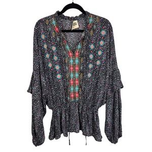 Savanna Jane Embroidered Leopard Print Top 2X Long Sleeve Blouson Boho Flutter